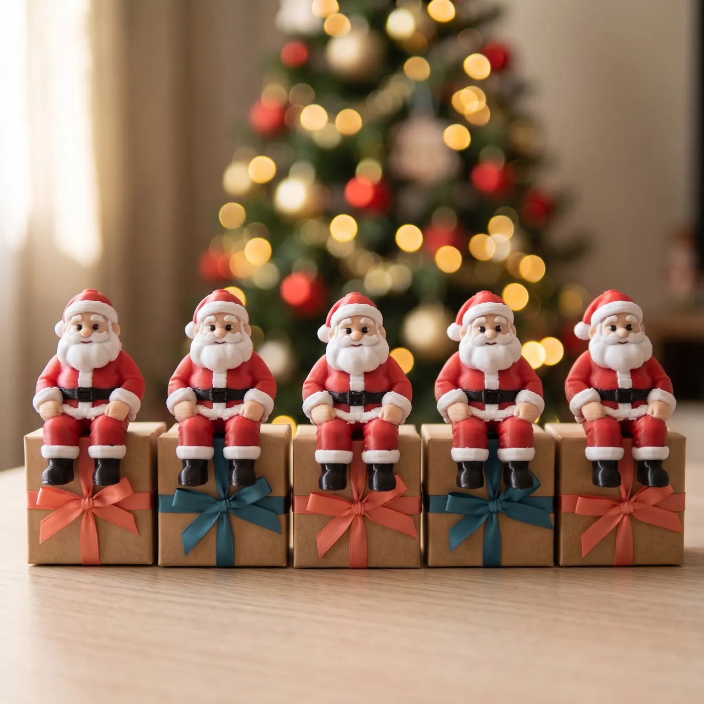 Mini Papais Noéis sentados sobre caixinhas de presente